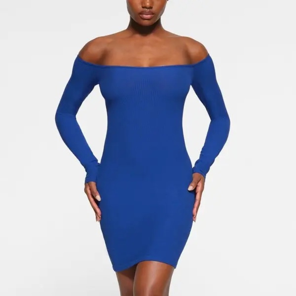 SKIMS soft lounge mini dress off the shoulder cobalt blue size XL NWT